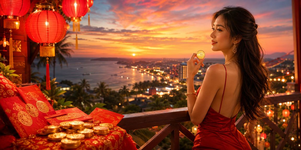 Phong bì đỏ may mắn và đèn lồng lễ hội casino tại Mũi Né bên bờ biển