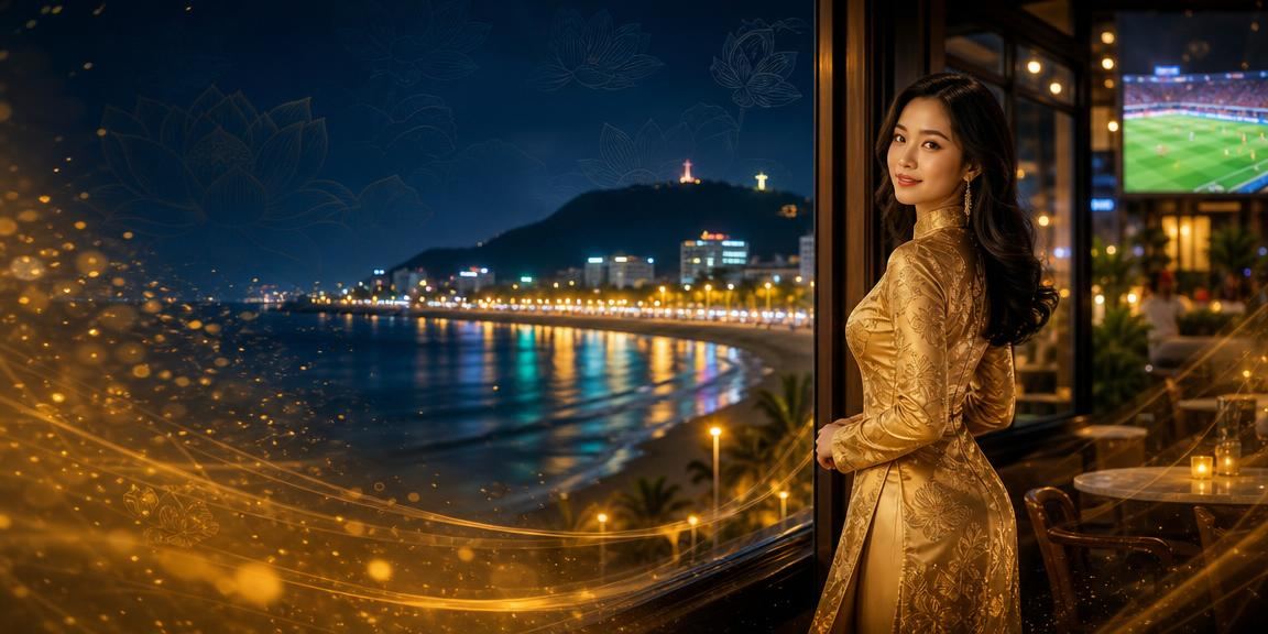 Cô gái áo dài nhận thưởng casino tại bãi biển Vũng Tàu buổi chiều hoàng hôn